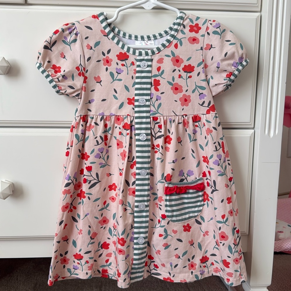 Stitchy Fish pink and coral floral cotton dress. Size 24 months. Faux buttons.